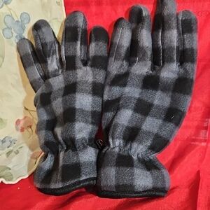 Women's Soft Fleece Winter Gloves - Black/Grey Buffalo Plaid Pattern - Size M